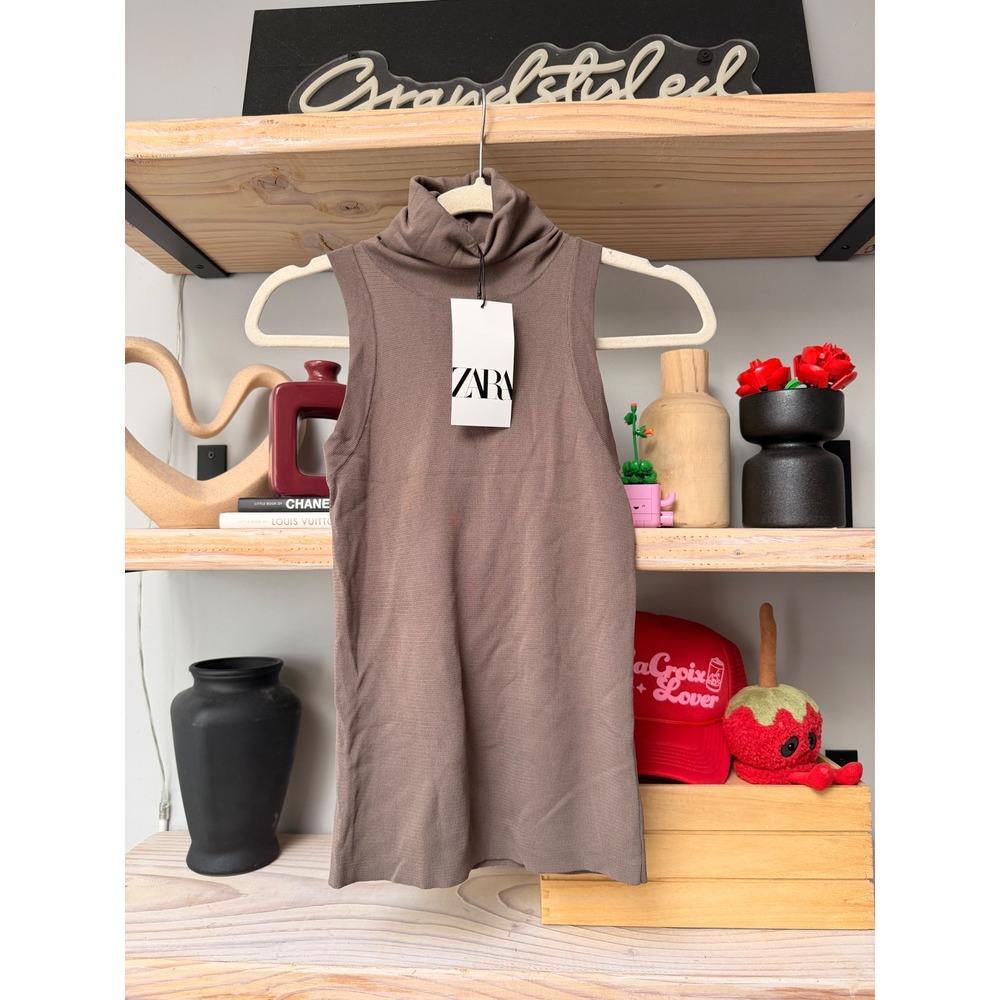 Zara Womens Sleeveless Turtleneck Knit Top Taupe Brown XS 0014/109/505 NWT